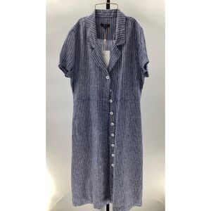 Quince 100% European Linen Chambray Blue Striped Button-Down Dress